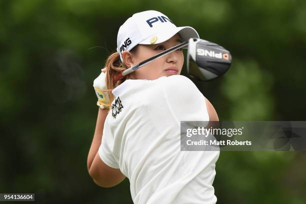 Himawari Ogura of Japan plays her tee shot on the 2nd hole during the first round of the World Ladies Championship Salonpas Cup at Ibaraki Golf...