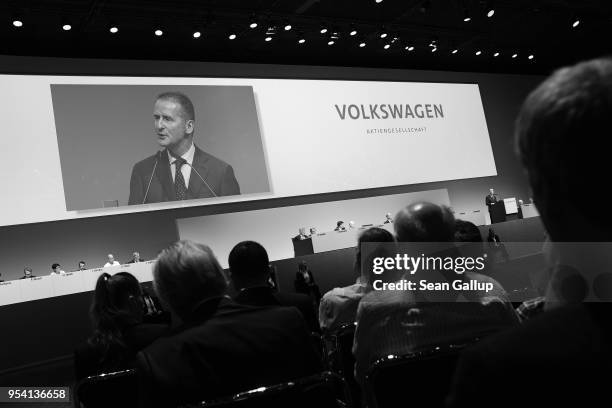 Herbert Diess, the newly-appointed chairman of German car manufacturer Volkswagen AG, speaks at the company's annual general shareholders' meeting on...