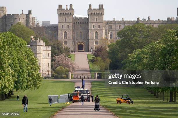 Media stand is erected half way along The Long Walk at Windsor Castle as it prepares for the wedding of Prince Harry and his fiance US actress Meghan...