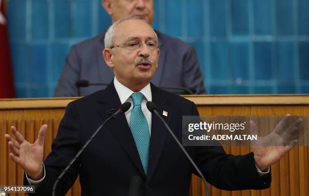 Kemal Kilicdaroglu, Chairman of the Republican People's Party delivers a speech during his party's group meeting at the Grand National Assembly of...