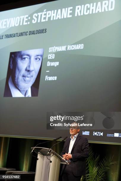 Orange CEO Stephane Richard delivers a speech during Transatlantic Forum as part of Series Mania Lille Hauts de France festival on May 3, 2018 in...