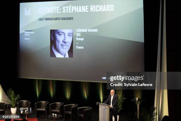 Orange CEO Stephane Richard delivers a speech during Transatlantic Forum as part of Series Mania Lille Hauts de France festival on May 3, 2018 in...