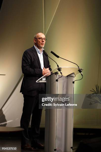 Orange CEA Stephane Richard delivers a speech during Transatlantic Forum as part of Series Mania Lille Hauts de France festival on May 3, 2018 in...