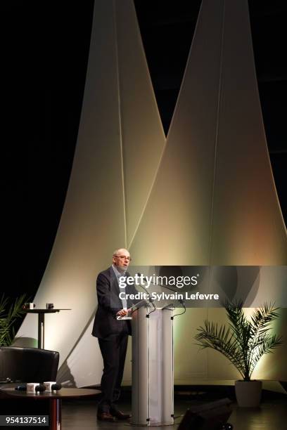 Orange CEA Stephane Richard delivers a speech during Transatlantic Forum as part of Series Mania Lille Hauts de France festival on May 3, 2018 in...