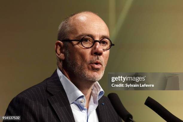 Orange CEA Stephane Richard delivers a speech during Transatlantic Forum as part of Series Mania Lille Hauts de France festival on May 3, 2018 in...