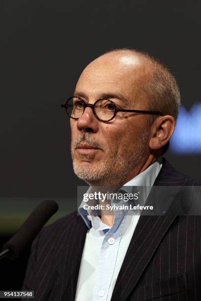 Orange CEO Stephane Richard delivers a speech during Transatlantic Forum as part of Series Mania Lille Hauts de France festival on May 3, 2018 in...