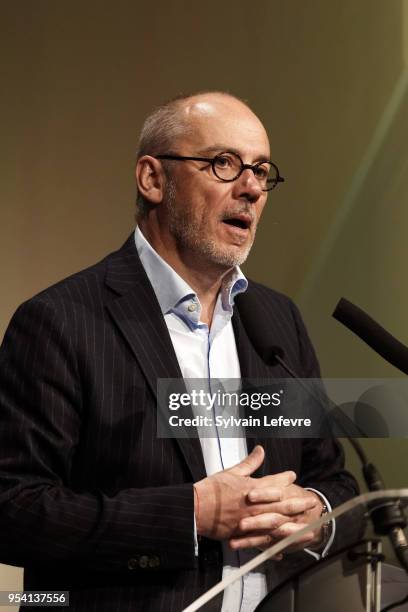 Orange CEO Stephane Richard delivers a speech during Transatlantic Forum as part of Series Mania Lille Hauts de France festival on May 3, 2018 in...