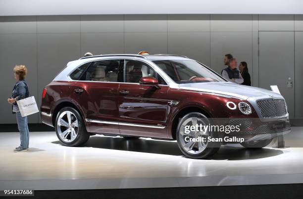 Bentley Bentayga luxury SUV stands on display at German car manufacturer Volkswagen AG's annual general shareholders' meeting on May 3, 2018 in...