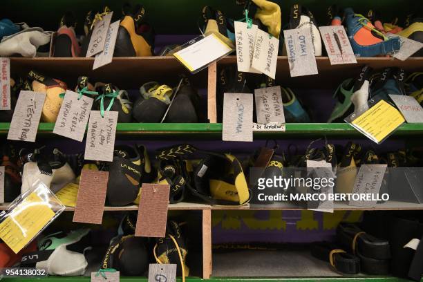 Picture taken on April 19, 2018 shows climbing shoes of La Sportiva, brand leader of Climbing shoes, in La Sportiva Factory in Ziano di Fiemme,...