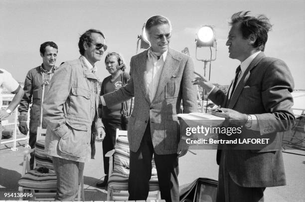 Charlton Heston et Philippe Labro au Festival de Deauville en septembre 1982, France.