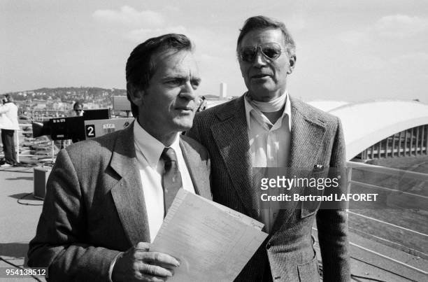 Charlton Heston et Philippe Labro au Festival de Deauville en septembre 1982, France.
