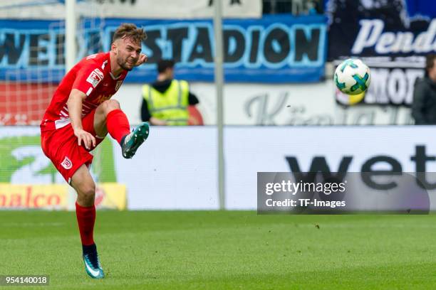 Benedikt Gimber of Regensburg controls the ball during the Second Bundesliga match between MSV Duisburg and SSV Jahn Regensburg at...