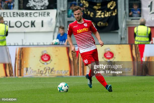 Benedikt Gimber of Regensburg controls the ball during the Second Bundesliga match between MSV Duisburg and SSV Jahn Regensburg at...