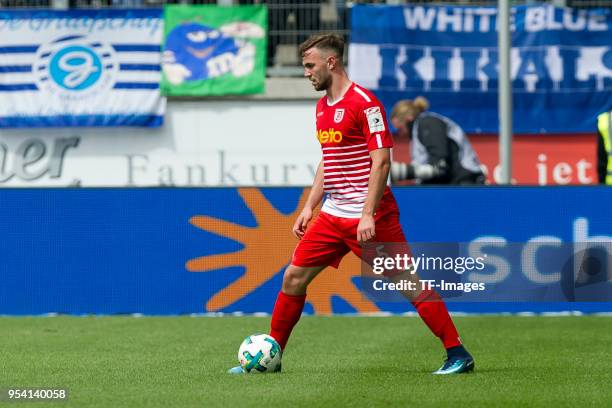 Benedikt Gimber of Regensburg controls the ball during the Second Bundesliga match between MSV Duisburg and SSV Jahn Regensburg at...