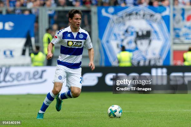 Fabian Schnellhardt of Duisburg controls the ball during the Second Bundesliga match between MSV Duisburg and SSV Jahn Regensburg at...