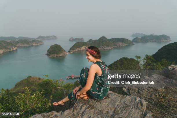 donna che guarda la vista panoramica della baia di halong - baia di ha long foto e immagini stock