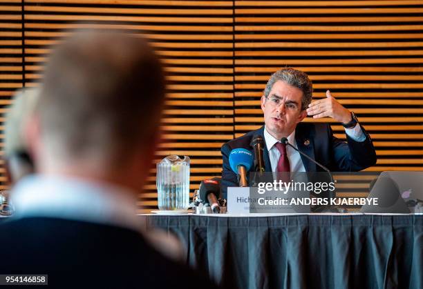 Hicham El Amrani, CEO of Morocco's Bid Committee for World Cup 2026, talks to the media after a meeting with Danish, Norwegian, Swedish, Finnish,...