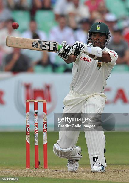 Makhaya Ntini of South Africa plays and misses during day 2 of the 2nd test match between South Africa and England from Sahara Stadium Kingsmead on...