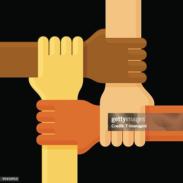 illustration of four interlinked hands on black background - four people stock illustrations
