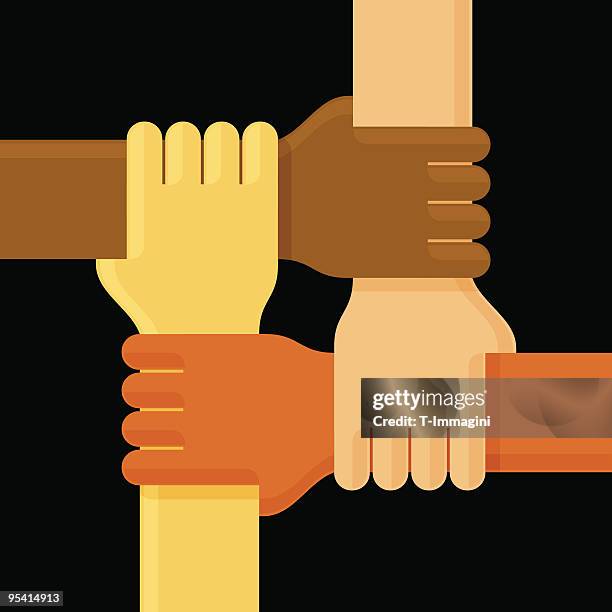 illustration of four interlinked hands on black background - interlinked hands stock illustrations