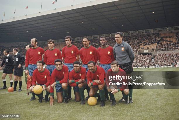 The Portugal national football team line up prior to playing in their group 3 match against Bulgaria in the 1966 FIFA World Cup at Old Trafford...