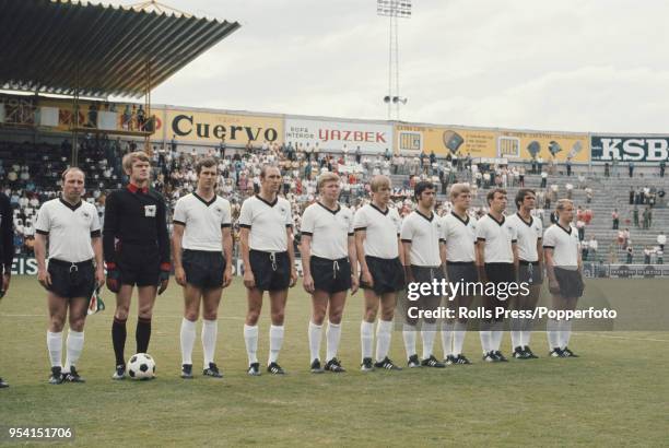 The West Germany national football team line up on the pitch prior to their group 4 match against Morocco in the 1970 FIFA World Cup finals at the...