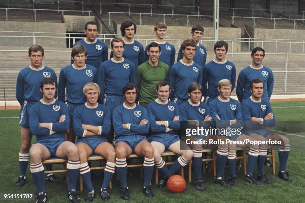 League Division Two team Portsmouth FC squad members pictured together on the pitch at Fratton Park Stadium in Portsmouth in 1971. The team include,...