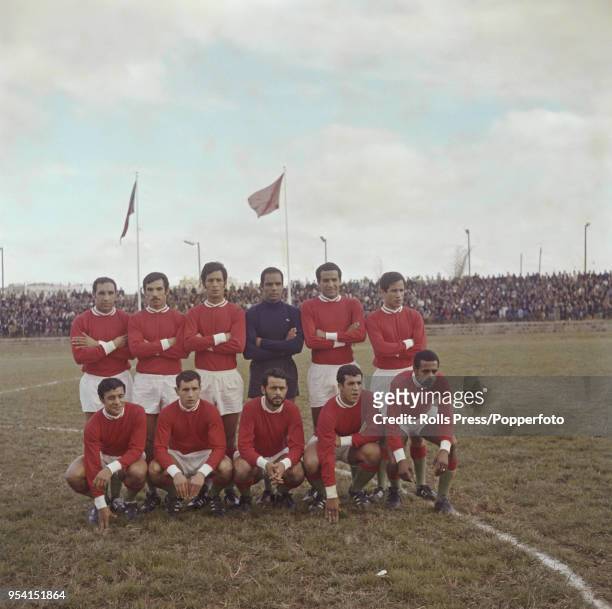 The Morocco national football team line up on the pitch in Casablanca, Morocco prior to playing in a 1970 FIFA World Cup qualification match circa...