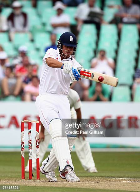 Alastair Cook of England hits out during day two of the second test match between South Africa and England at Kingsmead Stadium on December 27, 2009...