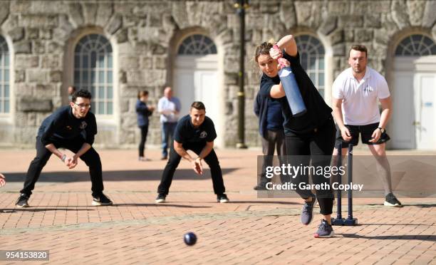 Former England captain Charlotte Edwards bats alongside Cricketeers during the Cricket World Cup 2019 Volunteers Launch event at Victoria Square on...