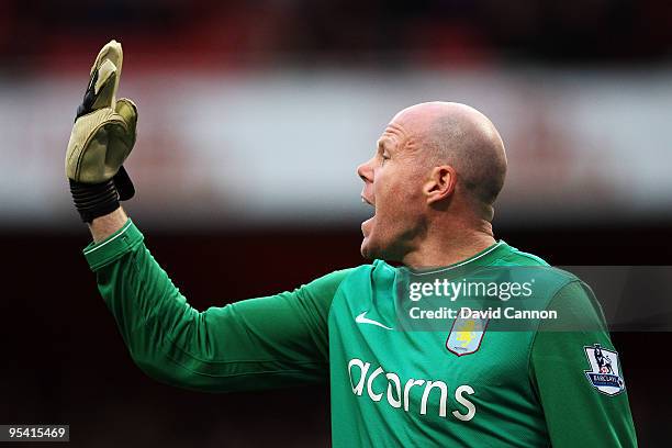 Goalkeeper Brad Friedel of Aston Villa screams instructions to his team mates during the Barclays Premier League match between Arsenal and Aston...