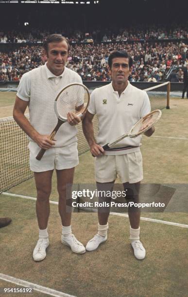 Australian tennis players John Newcombe and Ken Rosewall pictured together prior to play in the final of the Men's singles tournament at the...