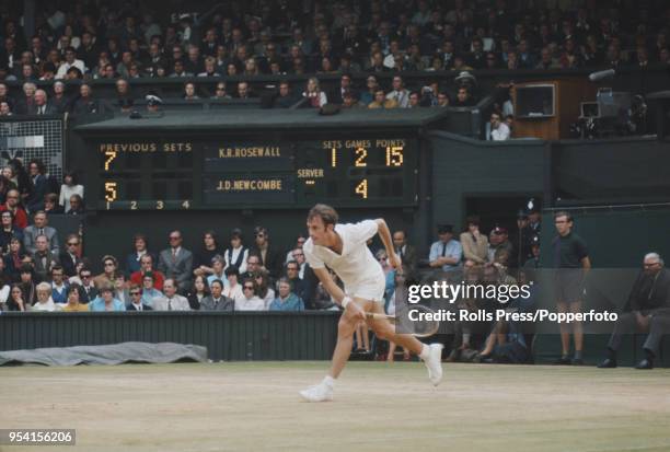 Australian tennis player John Newcombe pictured in action during competition against fellow Australian Ken Rosewall in the final of the Men's singles...