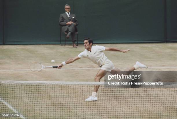 Australian tennis player Ken Rosewall pictured in action during competition against fellow Australian John Newcombe in the final of the Men's singles...