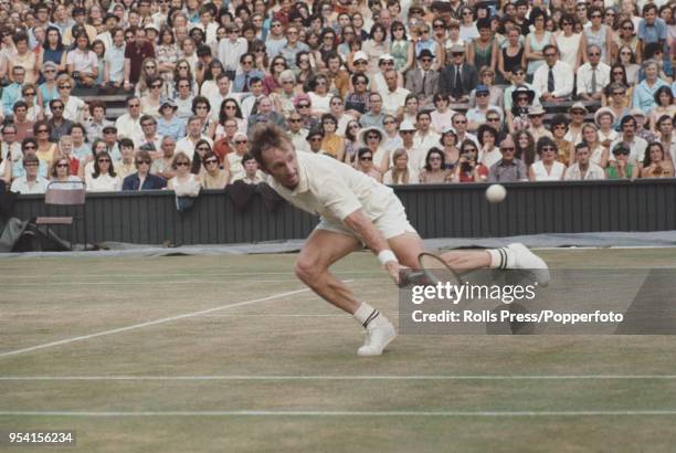 Australian tennis player Rod Laver pictured in action during competition to reach the fourth round of the Men's singles tournament at the Wimbledon...