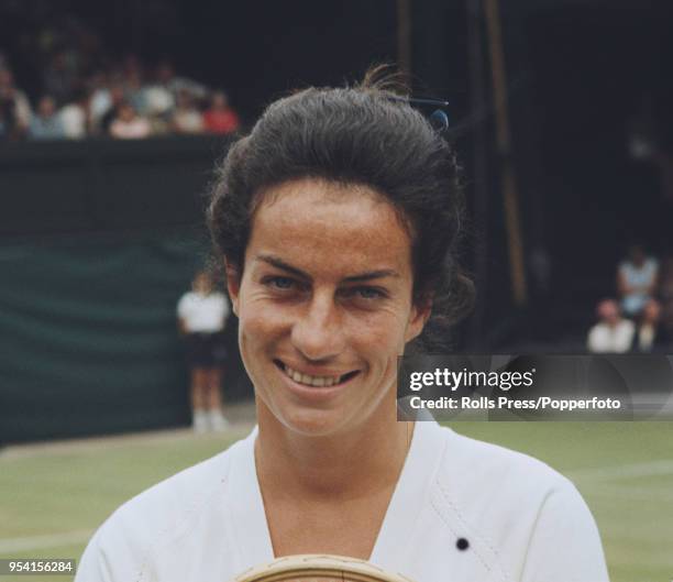 English tennis player Virginia Wade pictured prior to her match with American tennis player Billie Jean King in the 1970 Wightman Cup at the All...