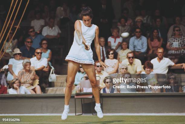 English tennis player Virginia Wade pictured in action during competition to reach the fourth round of the Women's singles tournament at the...