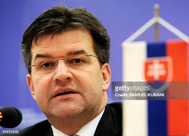 Slovak Foreign Minister Miroslav Lajcak answers journalist questions after the signing ceremony of a Joint Declaration with Minister of Foreign...