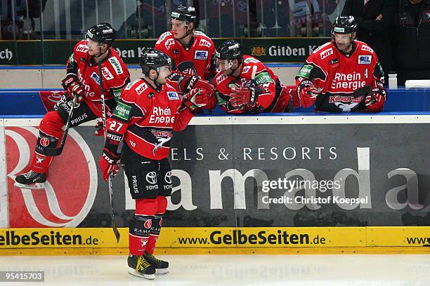 Ivan Ciernik of Koelner Haie celebrates his first goal during the DEL match between Koelner Haie and Frankfurt Lions at the Lanxess Arena on December...