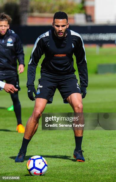 Jamaal Lascelles watches the ball during the Newcastle United Training Session at the Newcastle United Training Centre on May 3 in Newcastle upon...