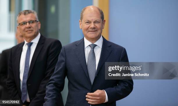 German Finance Minister Olaf Scholz speaks during a press conference at the Bundespressekonferenz on May 2, 2018 in Berlin, Germany.