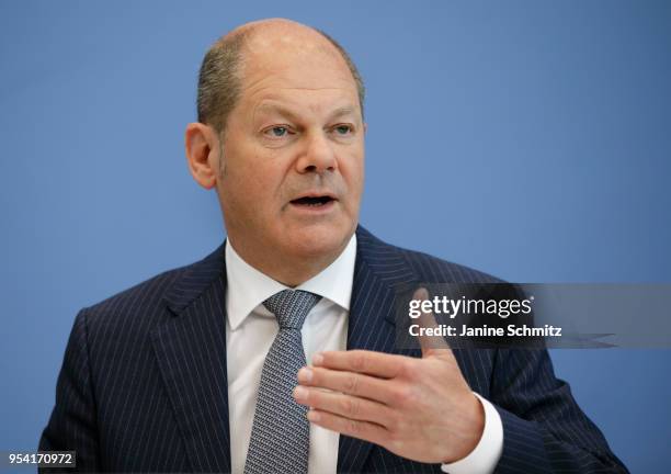 German Finance Minister Olaf Scholz speaks during a press conference at the Bundespressekonferenz on May 2, 2018 in Berlin, Germany.