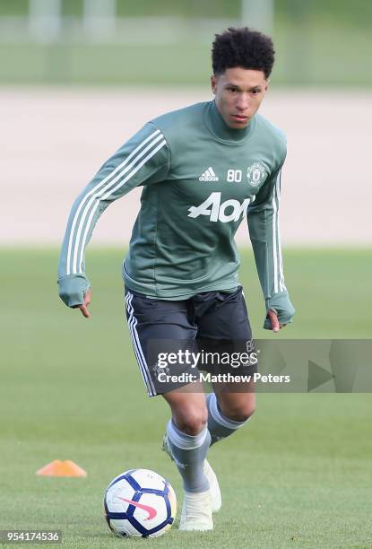 Nishan Burkart of Manchester United U18s in action during an U18s training session at Aon Training Complex on May 2, 2018 in Manchester, England.