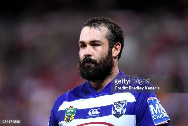 Aaron Woods of the Bulldogs during the round nine NRL match between the Brisbane Broncos and the Canterbury Bulldogs at Suncorp Stadium on May 3,...