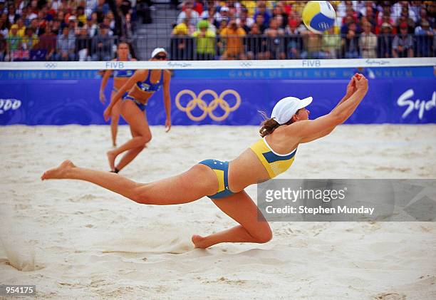 Natalie Cook of Australia retrieves during the Womens Beach Volleyball Final against Brazil at Bondi Beach on Day 10 of the Sydney 2000 Olympic Games...