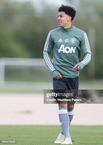 Nishan Burkart of Manchester United U18s in action during an U18s training session at Aon Training Complex on May 2, 2018 in Manchester, England.