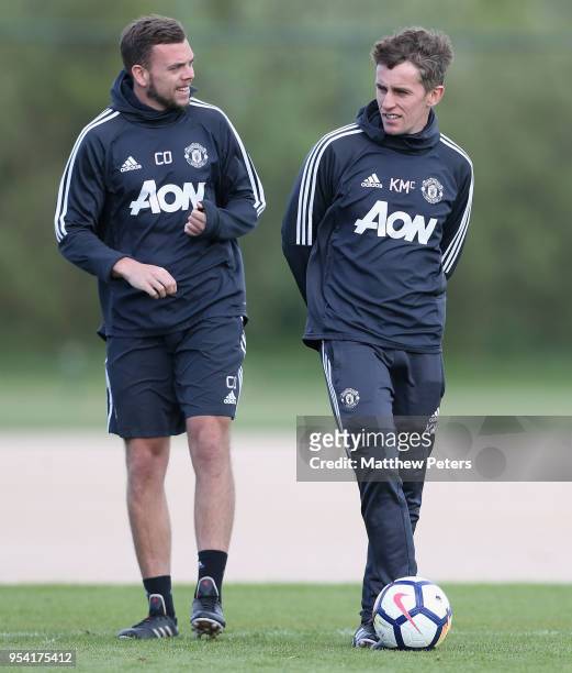 Manager Kieran McKenna of Manchester United U18s in action during an U18s training session at Aon Training Complex on May 2, 2018 in Manchester,...