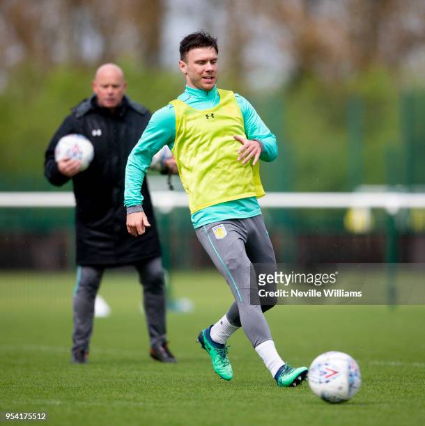 Scott Hogan of Aston Villa in action during a training session at the club's training ground at the Recon Training Complex on May 03, 2018 in...