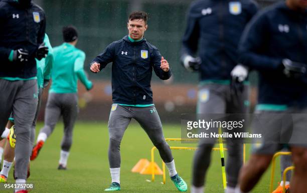 Scott Hogan of Aston Villa in action during a training session at the club's training ground at the Recon Training Complex on May 03, 2018 in...