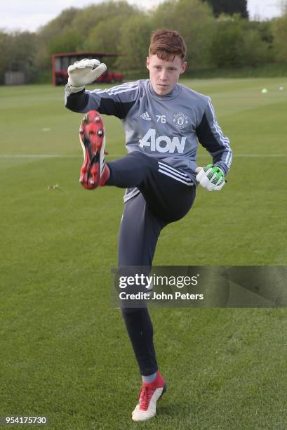 Jacob Carney of Manchester United U18s in action during an U18s training session at Aon Training Complex on May 2, 2018 in Manchester, England.